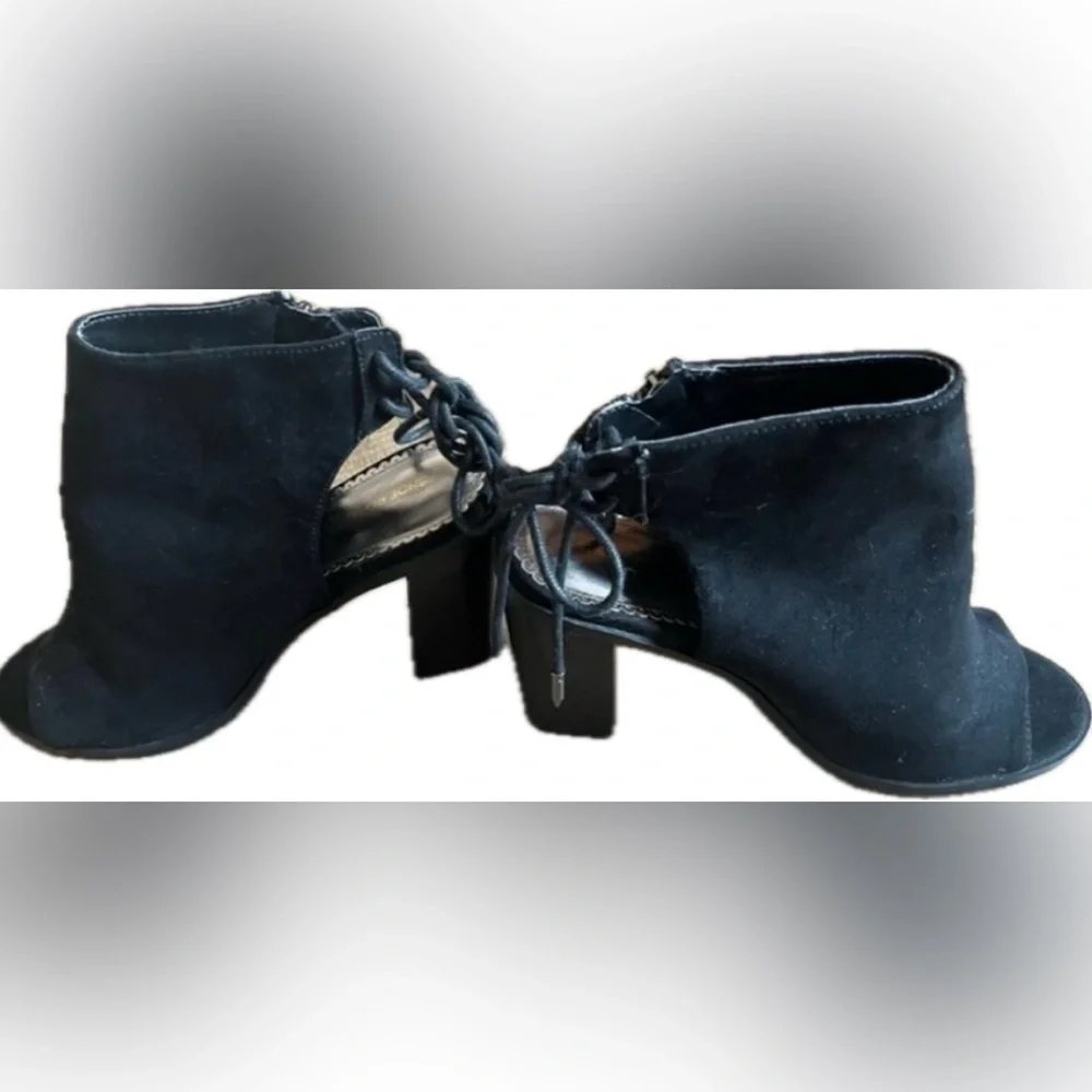 Black Peep Toe Booties with side zipper and chunky heel. NWOT. Women’s size 8.5